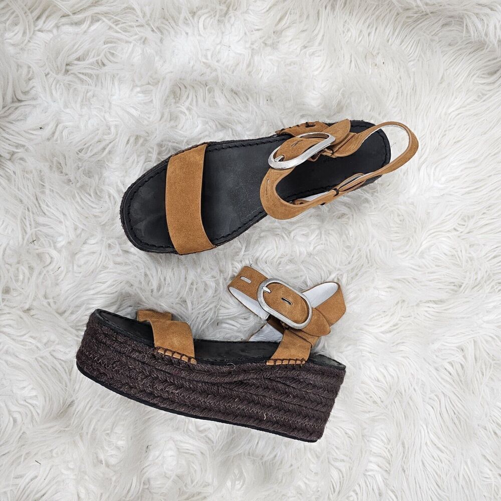 Rag & Bone Ansley Dark Brown Suede Buckle Espadrille Platform Summer Sandal 37 - Picture 2 of 11